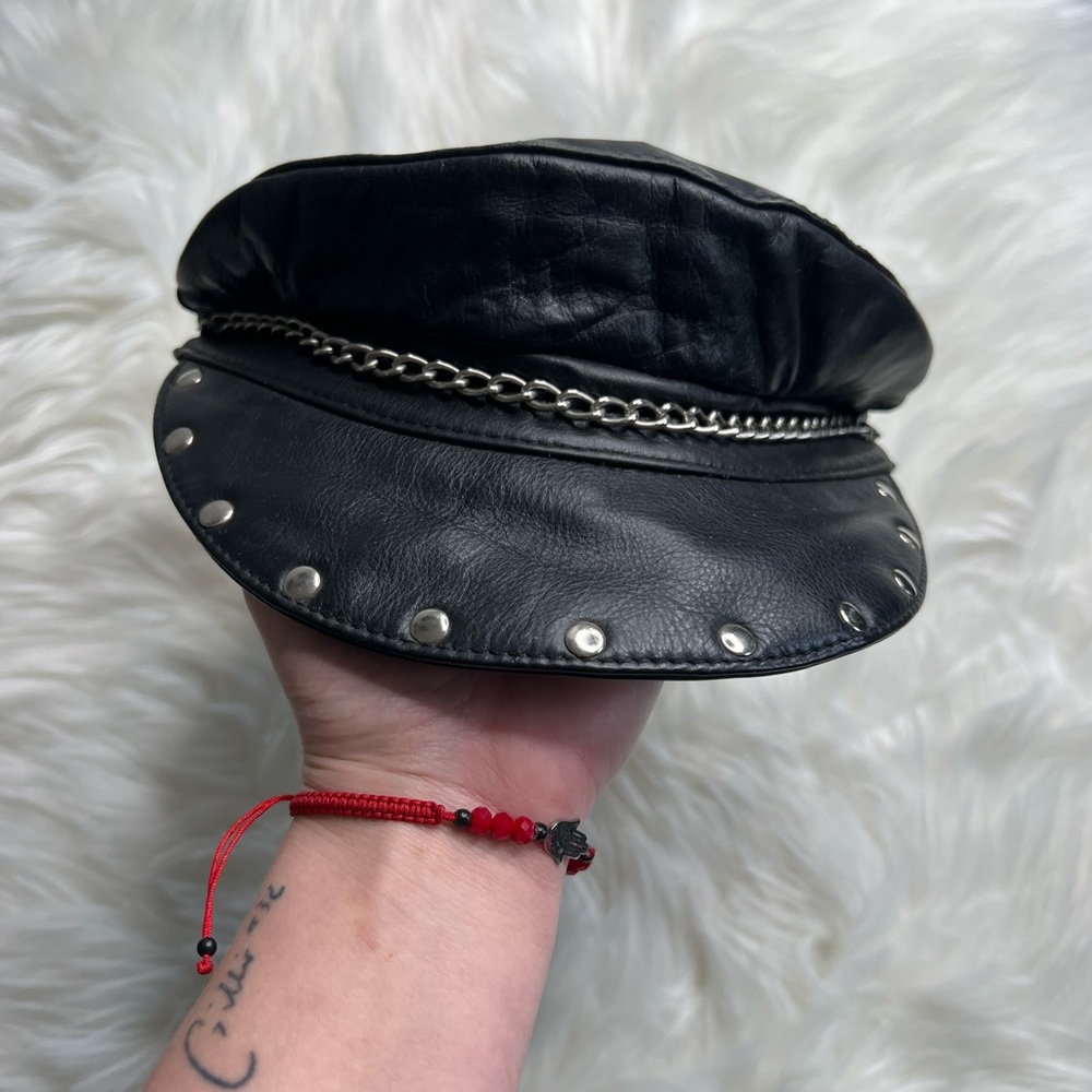 Vintage Black Leather with Silver Studs and Chain Detail Adjustable Hat